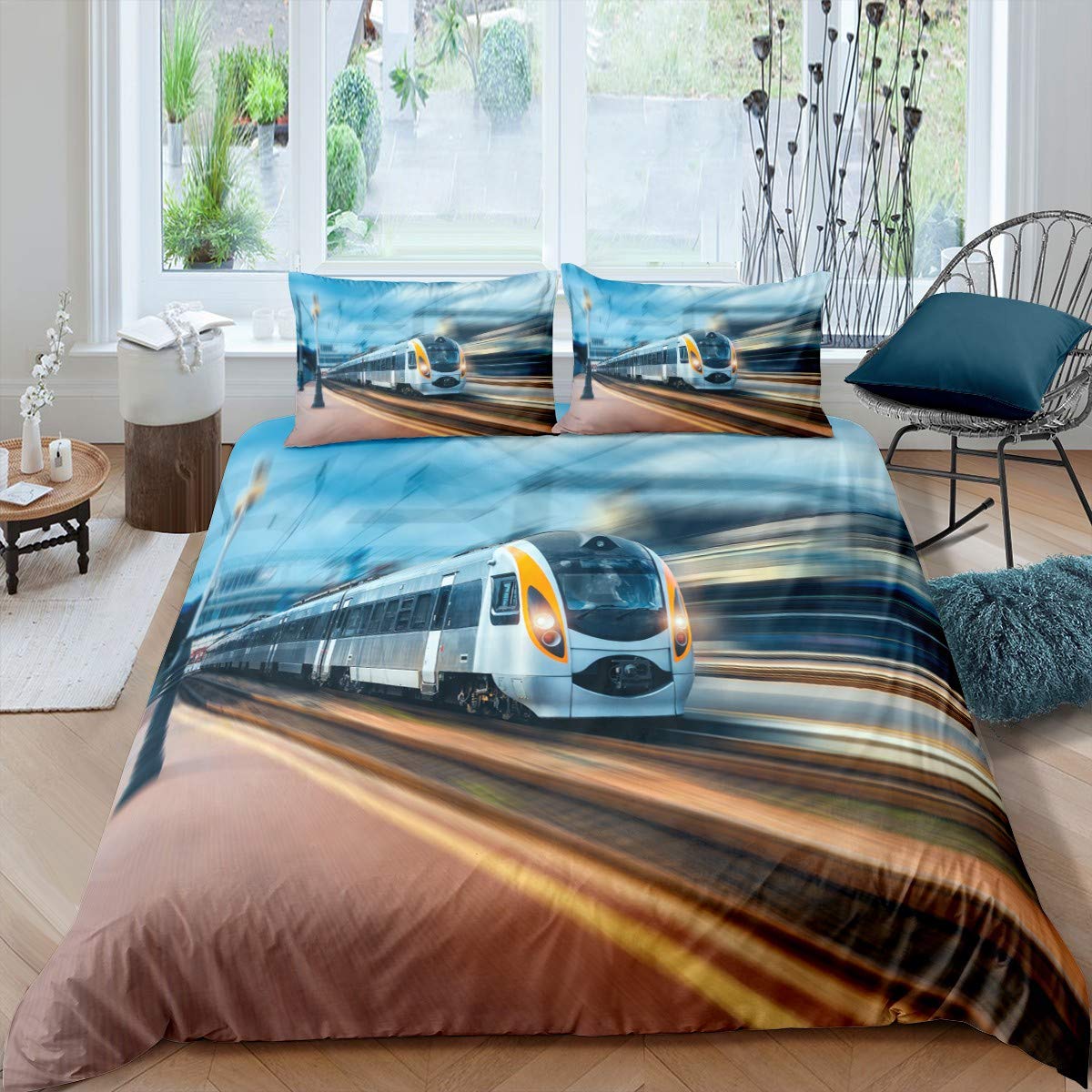 High Speed Rail Print Bedding Motor Car Maglev Train Comforter Cover for Kids Boys Girls Teens Transportation Lightweight Microfiber Duvet Cover Decor 2Pcs Bedclothes Single Size