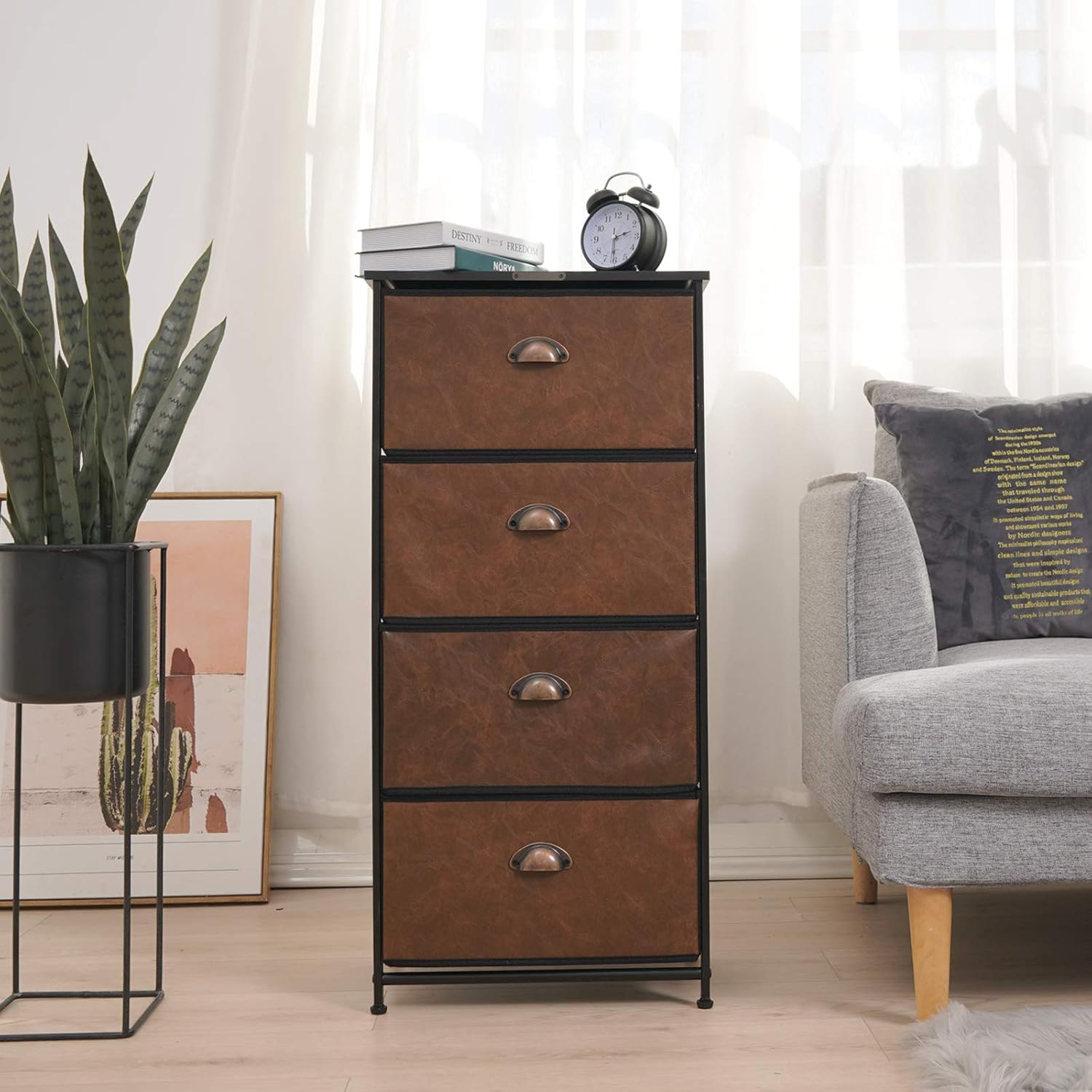 Dresser Storage Tower,Retro Industrial Style 4 Drawer Vertical Fabric Storage Unit for Bedroom, Hallway, Entryway, Closet,Nursery Room,Bathroom: Kitchen & Dining