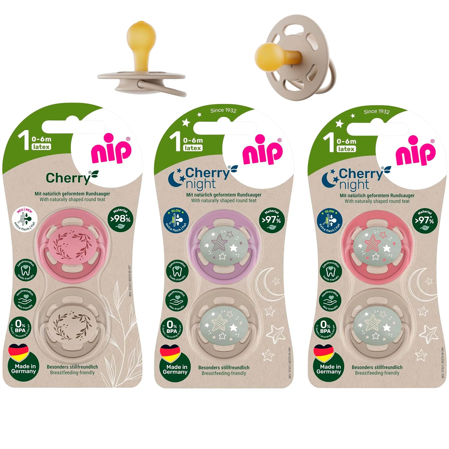 NIP Cherry-Form Latex Dummy 0-6 Months, Pack of 6 for Girls, Day & Night, 6 Colours, Made in Germany