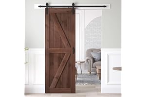 ROYMELO 30x84 inch Sliding Barn Wood Door Slab with 5ft Hardware Kit and Handle, Coffee, K Shape, Simple DIY Assembly