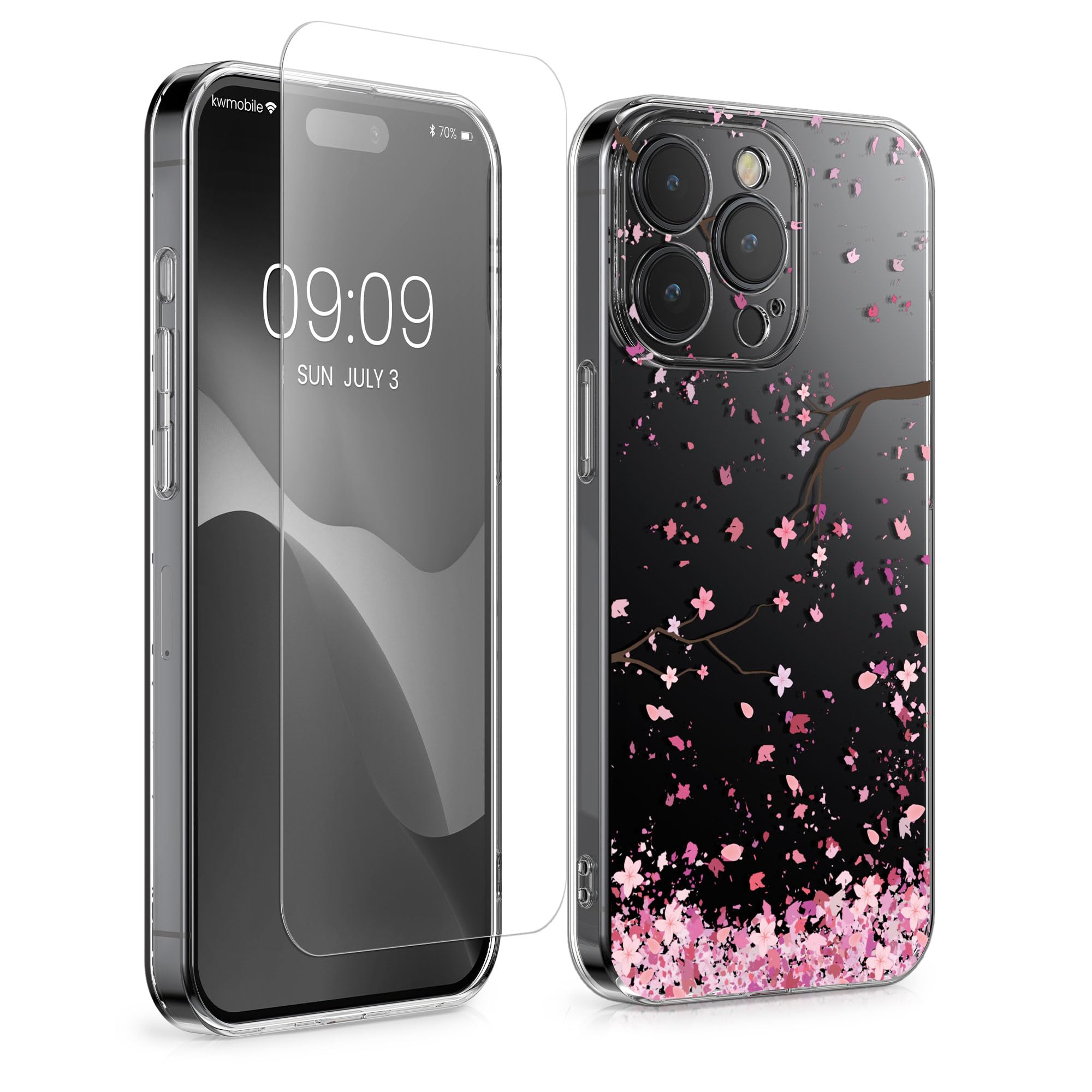 kwmobile Clear Case and Screen Protector Compatible with Apple iPhone 15 Pro Case - Cherry Blossoms Pink/Dark Brown/Transparent
