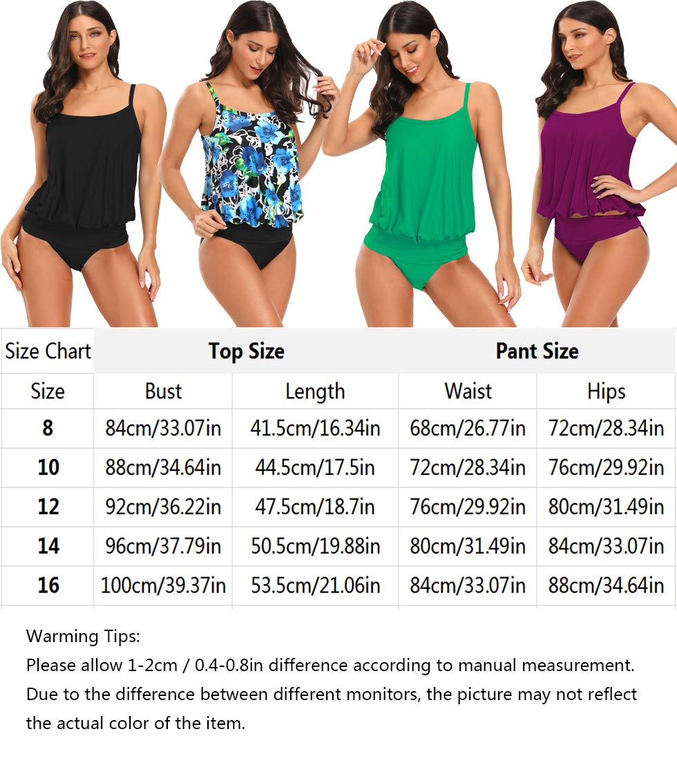 AOVXO Tankini Swimsuits for Women 2 Piece Flared Swimwear Tankini Top with High Waisted Triangle (Black, US10~12)