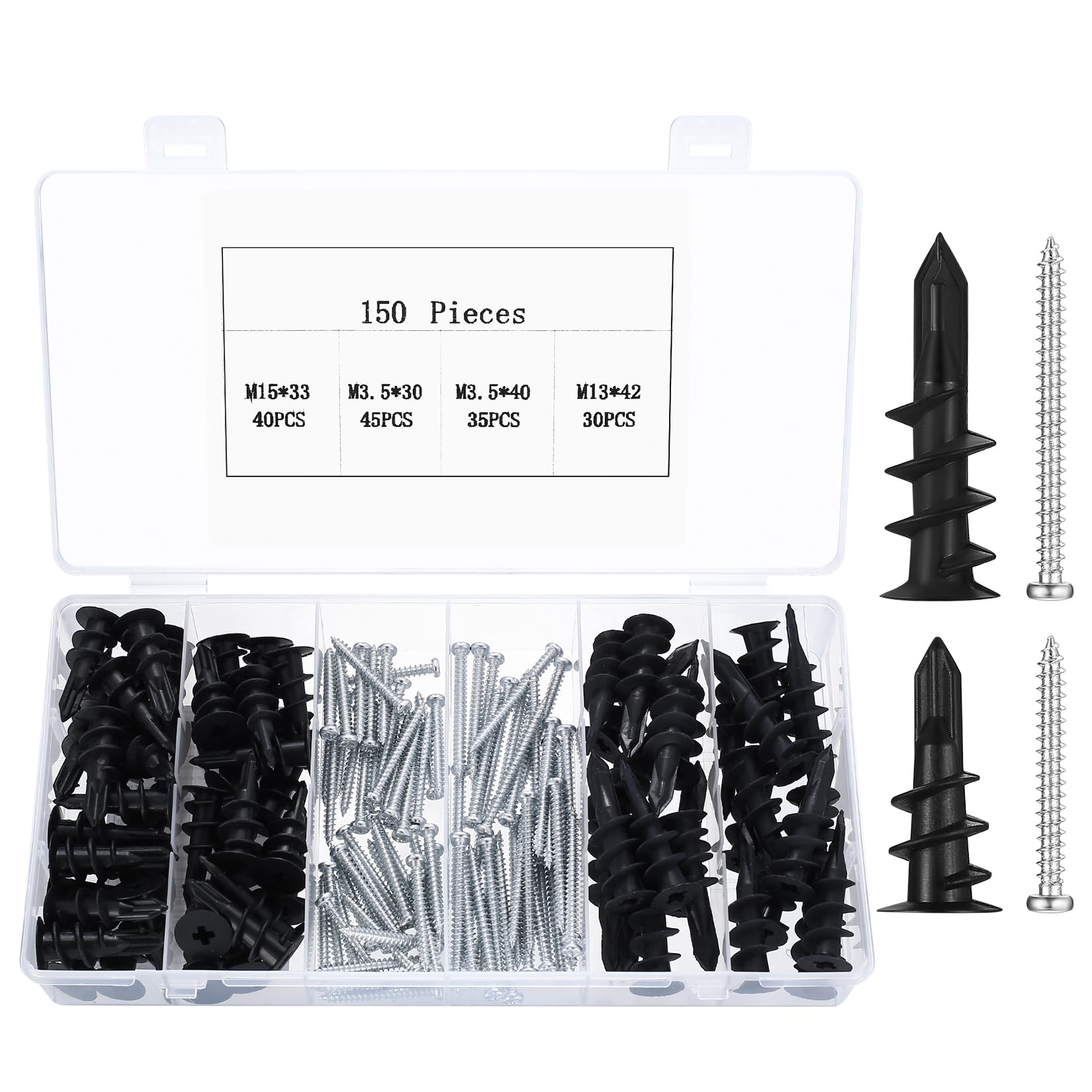 150 Pcs Self Drilling Plasterboard Fixings, Heavy Duty Raw Plugs and Screws for Plasterboard Wall, Nylon Drywall Hollow Cavity Wall Fixings Anchors, Black