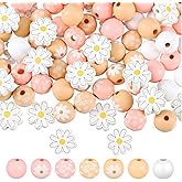Buryeah 200 Pcs Daisy Flower Wooden Beads Set 16mm Daisy Round Beads 20mm Rustic Farmhouse Colorful Floral Printed Charms for Spring Summer DIY Crafts Jewelry Garland Keychain Making