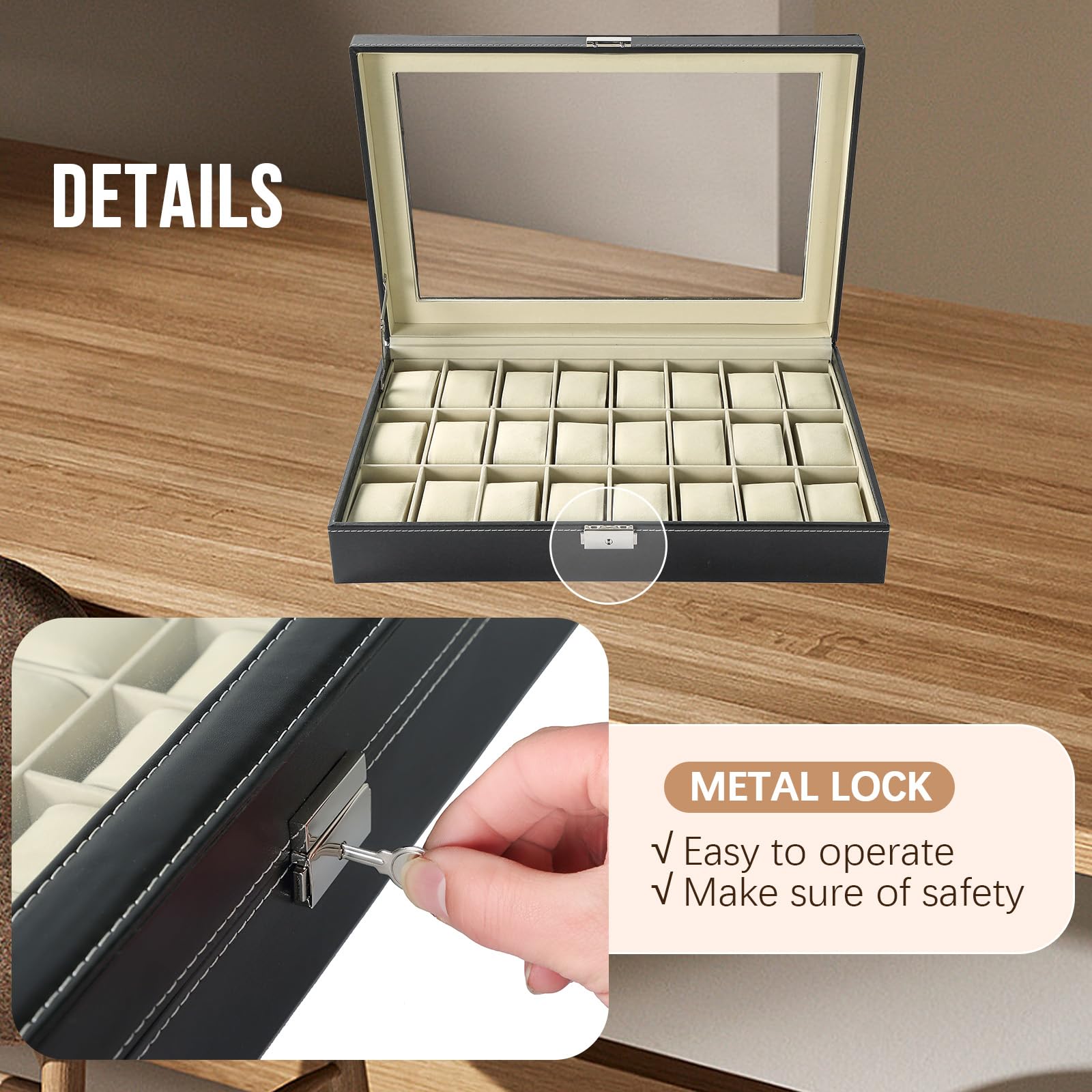 24 Slots Watch Box | Watch Case Display Organizer, Watch Display Case Glass Top for Men Women PU Leather Display Storage Collection Organizer Jewelry Case with Removable Pillows