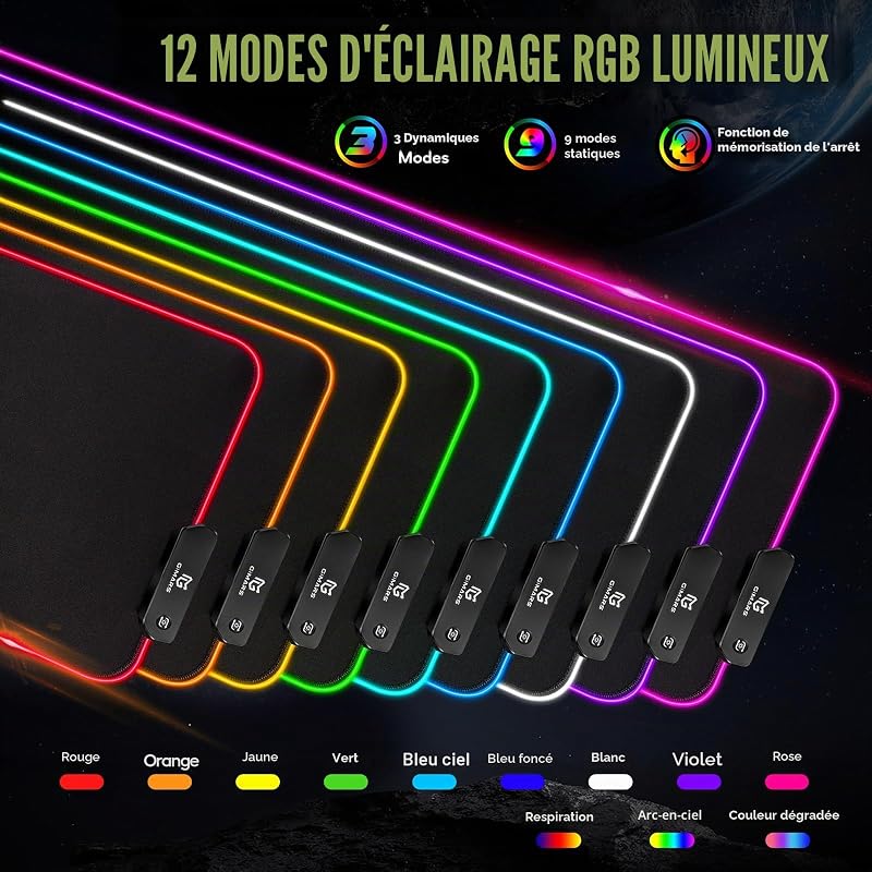 XXL Tapis de Souris RGB Gaming, Grand Tapis Souris avec 12 Modes d'Éclairage LED, Mouse Pad avec Tissu Micro-Tissé, Tapis Épaissi de 5 mm pour Gamer, Bureau,800 x 300mm
