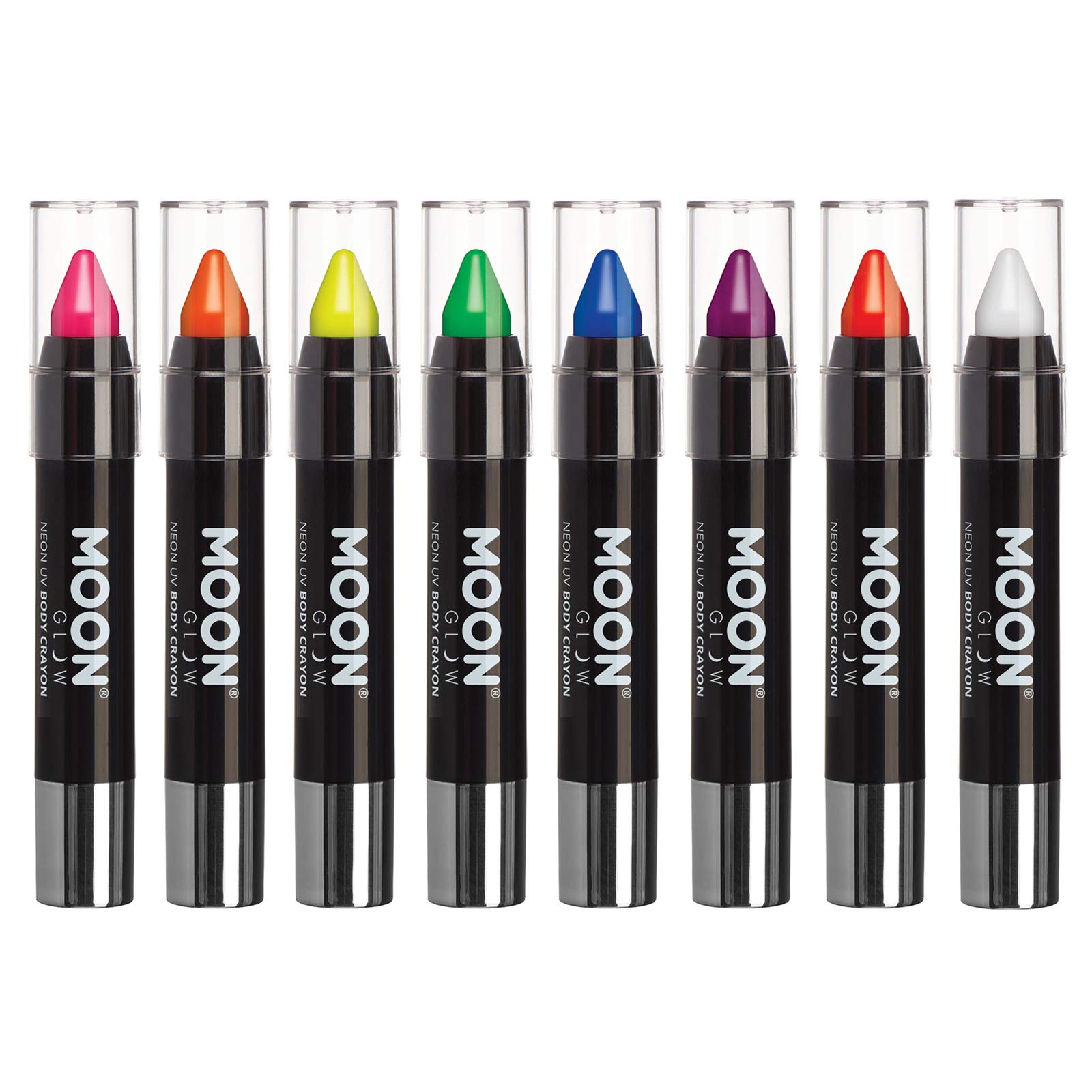 Moon Glow - Neon UV Face Paint Stick / Body Crayon makeup for the Face & Body - Intense set of 8 colours - Glows brightly under UV lighting