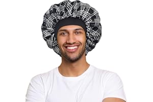 BONNET QUEEN Silk Bonnet for Men & Women,Satin Bonnet for Sleeping Double Layer Adjustable Hair Bonnet Curly Hair Sleep Cap,Medium(Black&White)