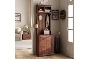 Maupvit Farmhouse Narrow Coat Rack with Shoe Storage, 6 Shoe Cubbies & 4 Coat Hooks, Hall Tree with Shoe Storage, Entryway Bench with Adjustable Shelves for Hallway, Living Room, Mudroom, Brown