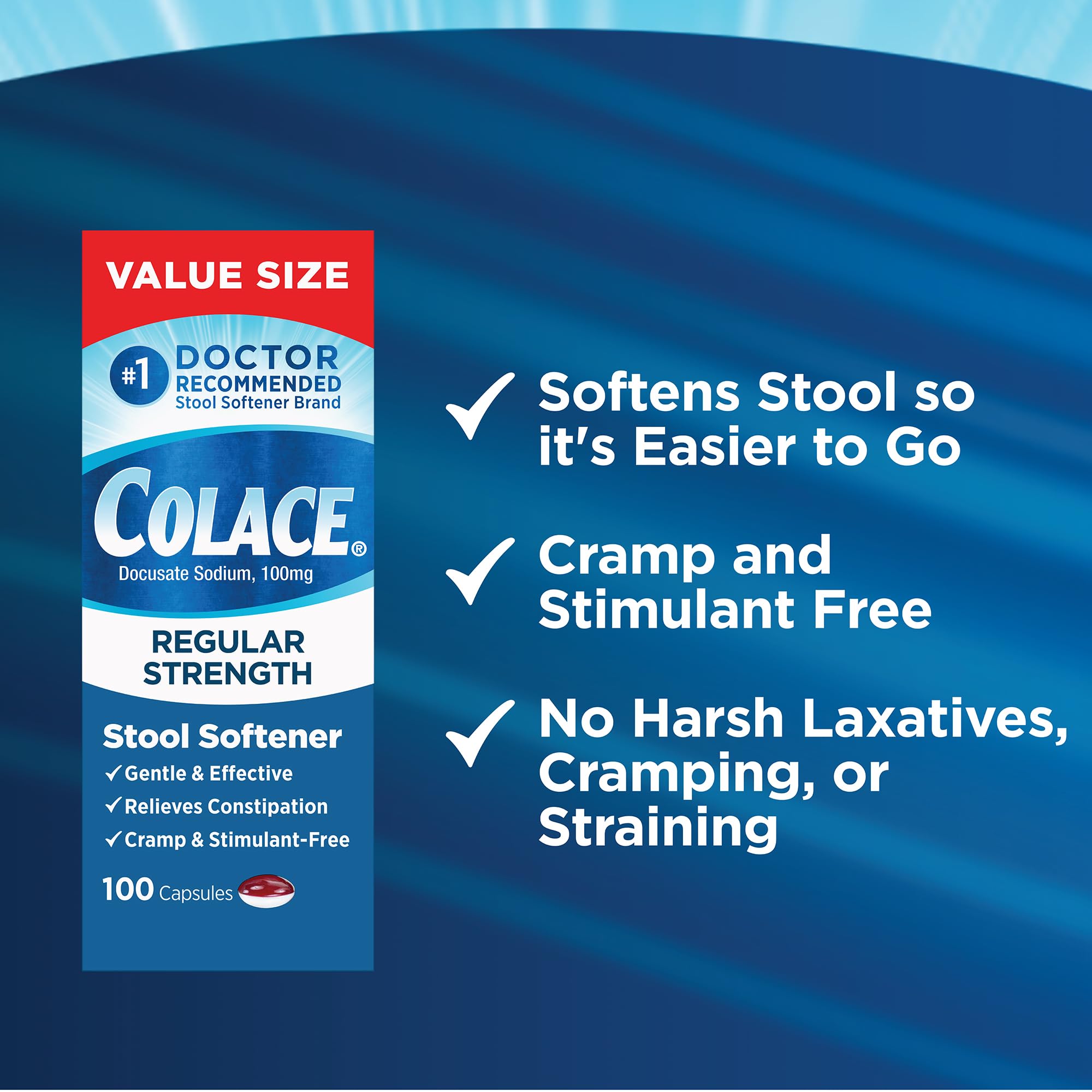 Colace Regular Strength Stool Softener 100 mg Capsules 100 Count Docusate Sodium Stimulant-Free for Gentle, Dependable Occasional Constipation Relief