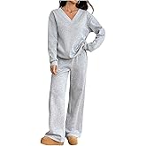MakeMeChic Women's 2 Piece Sweatsuits Long Sleeve V Neck Sweatshirt and Jogger Pants Casual Matching Sets