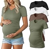Huukeay 4 Pack Women's Maternity Shirts, V Neck Maternity Top Short Sleeve Casual Tee Side Ruched Pregnancy Clothes