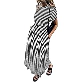 NALANISA Women's Summer Maxi Dresses 2026 Casual Short Sleeve Striped Drawstring Waist Loose Fit T Shirts Dress Beach Outfits