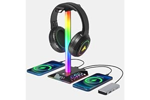 Xergur Gaming Headphone Stand PC Accessories - RGB Headset Stand with 2 USB Charger, Cool LED Headphone Holder PC Gaming Accessories for Boys Men Gamers, Computer Game Hardware for Desk