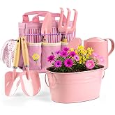 Floraxa 8Pcs Kids Gardening Set with Real Metal Tools &amp; Metal Basket, Pink | 3 Wooden Handles, STEM Outdoor Exploration, Includes Shovels, Rake, Watering Can, Gloves, Suitable for Toddler Boys Girls