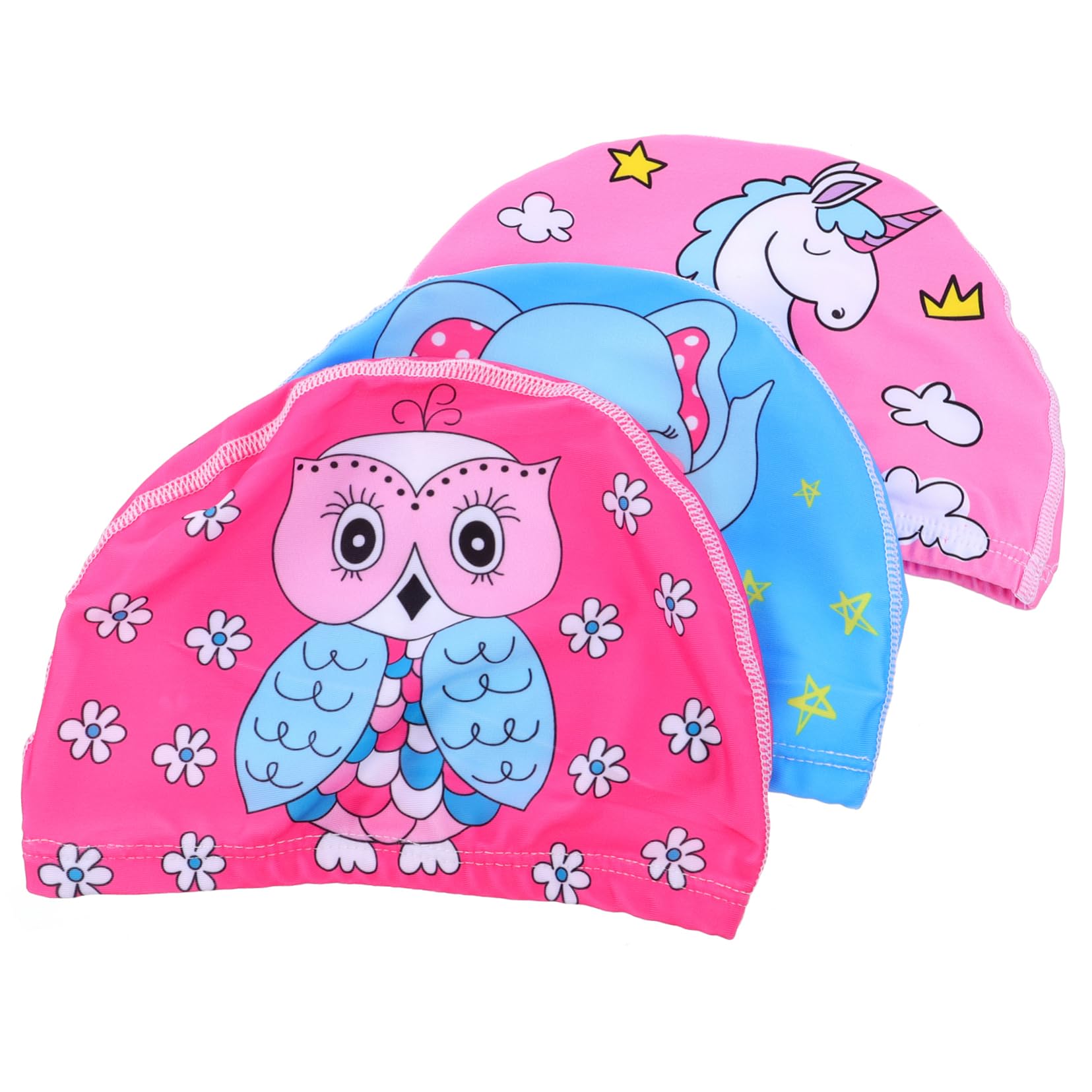 Amosfun 3Pcs Kids Swim Cap Owl Elephant Pattern Waterproof Swimming Caps Elastic Swimming Sun Hat Ear Cover Bathing Cap for Summer Beach Pool Activity