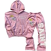 SOLY HUX Women's 2 Piece Outfits Y2k Letter Graphic Zip Up Long Sleeve Hoodie Sweatshirt and Pants Set Streetwear