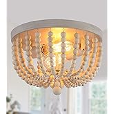 Q&S Boho Chandelier Wood Beaded Flush Mount Ceiling Light Fixtures for Nursery Baby Bedroom Kitchen Hallway,Oak White Finish,