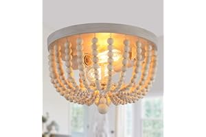 Q&S Boho Chandelier Wood Beaded Flush Mount Ceiling Light Fixtures for Nursery Baby Bedroom Kitchen Hallway,Oak White Finish,2-Lights