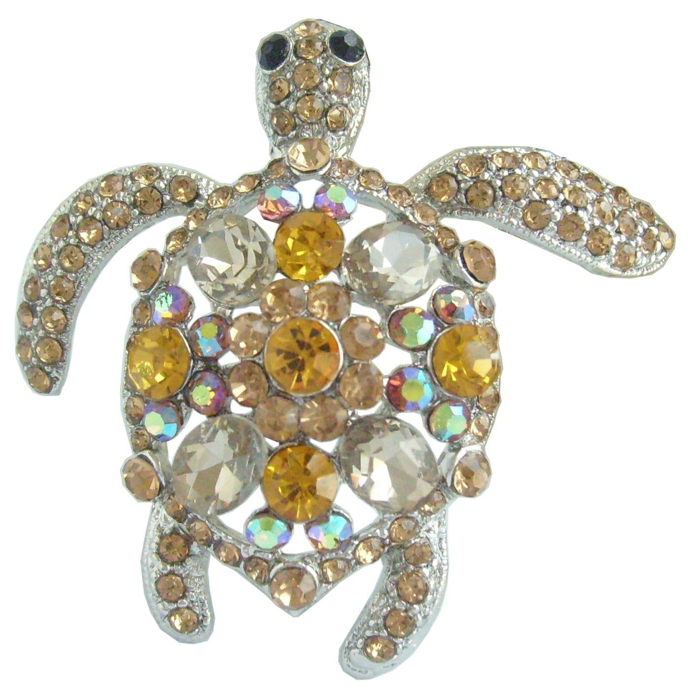 Sindary 2.36" Lovely Animal Turtle Tortoise Brooch Pin Austrian Crystal Pendant UKB3344 (Silver-Tone Yellow)
