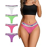 Hotcom Thongs for Women,Cotton Low Rise Seamless Thong Underwear with Letter Print Waistband Ribbed Bikini Panties 4/6 Pack