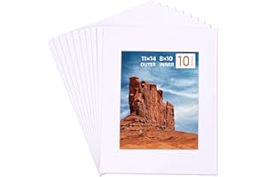 HOTUO 10 Pack Acid Free White Picture Frame Mats, Pre-Cut 11x14 Picture Mats with Ivory Core Bevel Cut for 8x10 Photo, Signature Friendly 4 Ply Thickness Photo Mat for Frames/Artwork/Print/Picture
