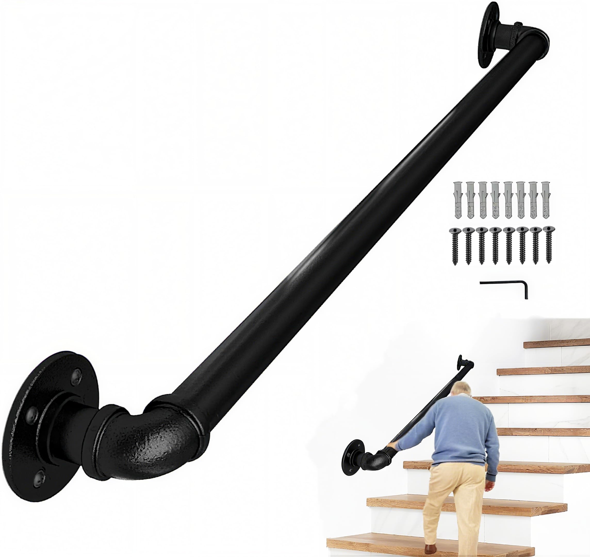 Lechansen Handrail for Staircase, 1 Meter/3.3 FT Black Cover Metal Pipe Hand Rail for Indoor Stairs, Wall Mount Steps Grab Bars Wrought Iron Matte Banister Anti-Slip for Outdoor, Diameter 3.2cm