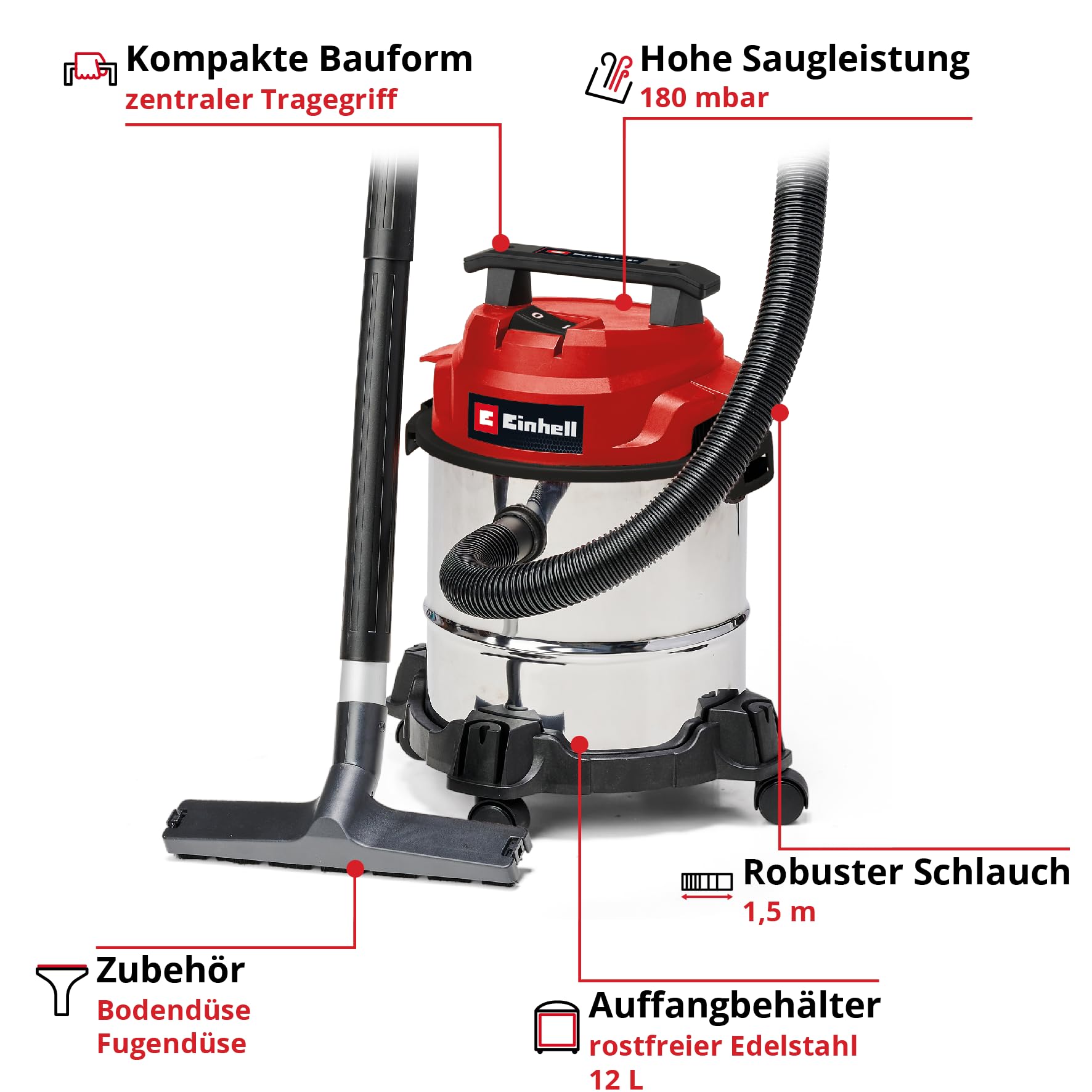 Einhell Nass-Trockensauger TC-VC 1812/1 S (1250 W, 180 mbar, 4 Lenkrollen, 12 L Behälter, inkl. Fugen- & Kombidüse, Schaumstofffilter, Schmutzfangsack & Filterbeutel) 2