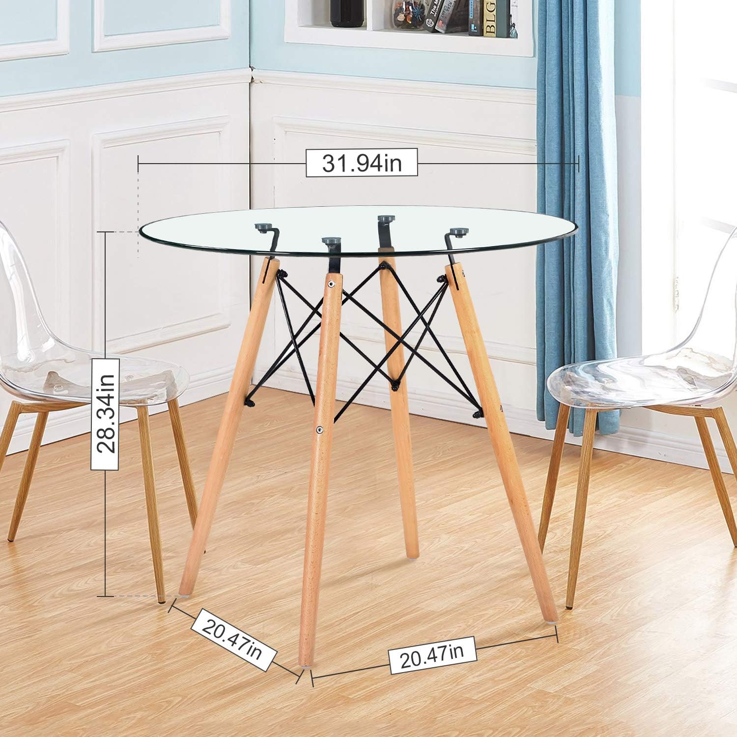 HAYOSNFO Round Dining Table with Glass Top, Glass Dining Table, Modern Leisure Table with Wood Legs, Coffee Table for Kitchen Dining Room & Living Room - Tables