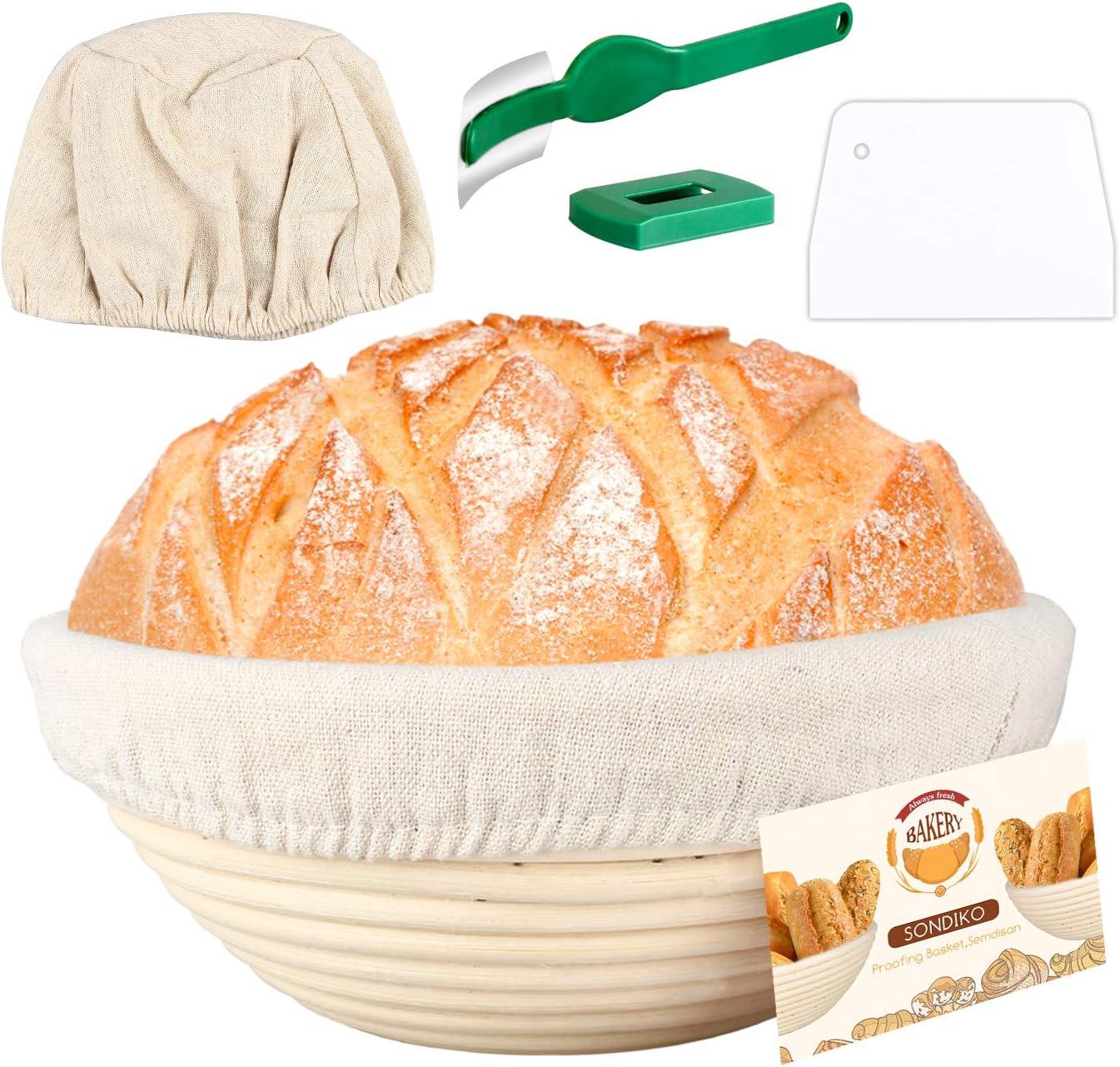 9 Inch Bread Banneton Proofing Basket, Sondiko Natural Rattan Bread Proofing Basket, Baking Supplies for Professional & Home Bakers, Baking Supplies Baskets Banetton Bread Proofing Basket