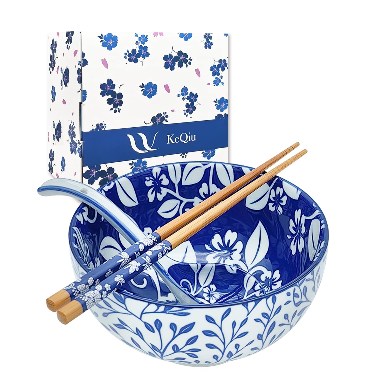 View 1 of ** Missing the spoon** KeQiu Japanese 28 Oz Ceramic Ramen Noodle Soup Cereal Pho Rice Salad Bowl Set with Chopsticks and Spoons, Premium Gift Set for House Warming, Birthday, Holiday, Microwave Safe, Dishwasher Safe