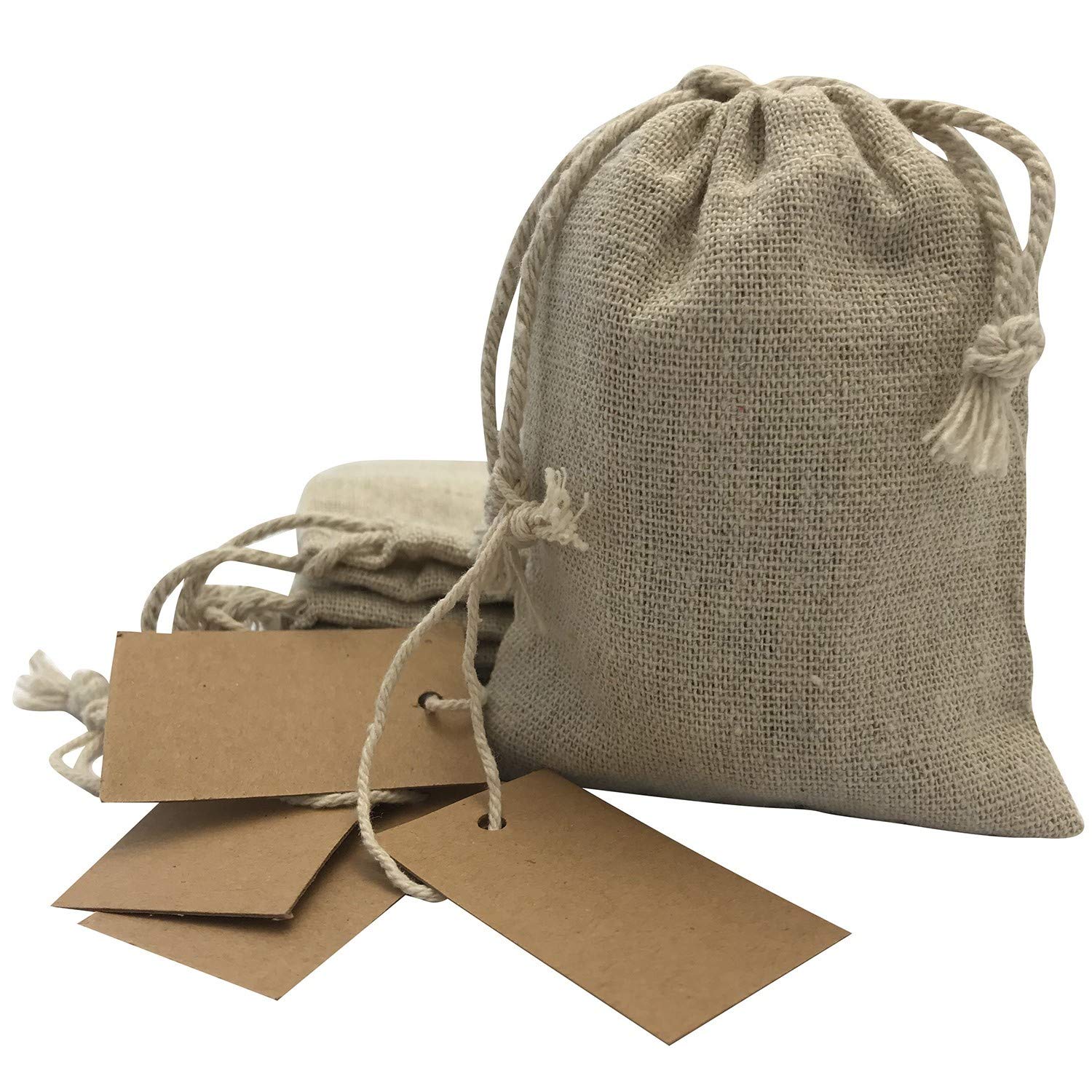 DUAMY Jute and linen gift bags with Kraft paper labels for weddings and gifts. Pack of 25 hessian fabric bags/sacks and 25 cardboard labels, ideal for gifts.