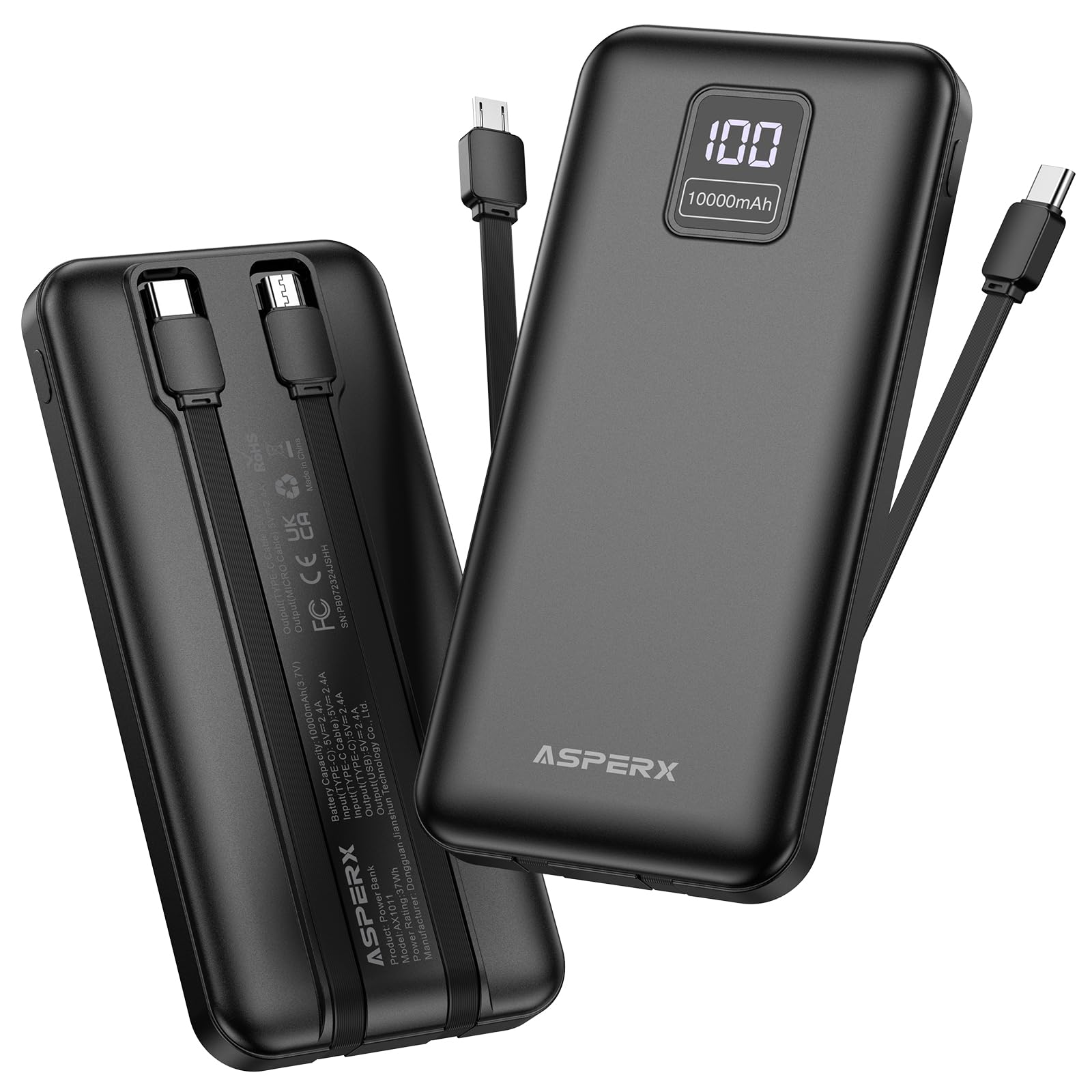 AsperX 2 Stück Powerbank 10000mAh mit USB-C Kabel Schnellladen