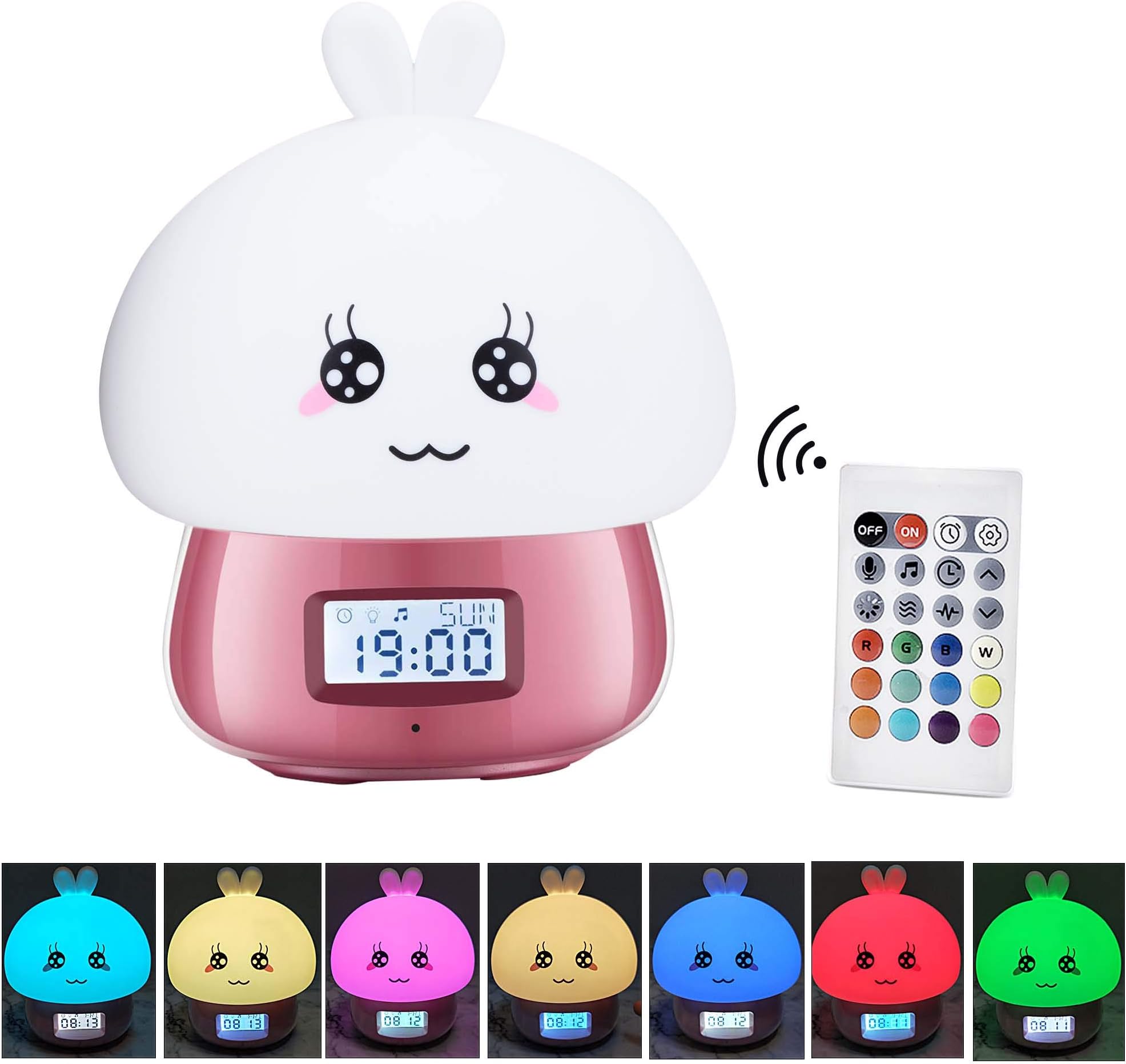 Multicolor Silicone Alarm Clock Led Touch Table Nightlight Rechargeable Sensitive Remote Control Cute Animal Desk Lamp Bedroom Lamp for Baby, Children, Toddlers or Nursery -Pink