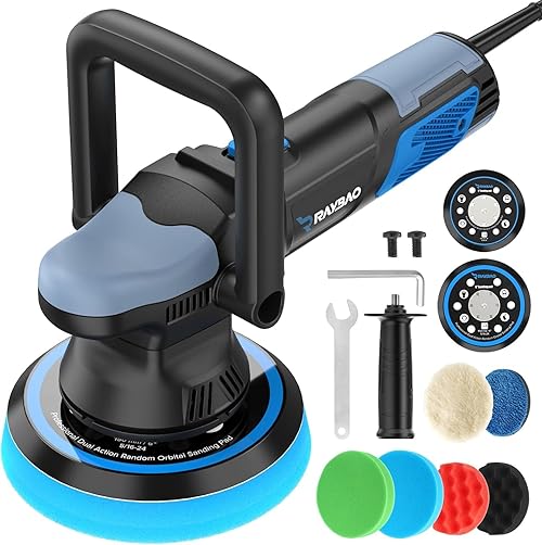 RAYBAO Dual Action Car Polisher, 900W Orbital Polisher 5/6-inch Plates, Random Orbital 9mm Car Buffer Polisher Machine, 6 Variable Speeds 2000-6400 OPM, for Car Detailing/Waxing/Polishing