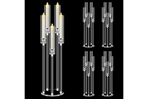 4 Set 5 Arm Acrylic Candle Holder, Mjkeomo 34.6'' Tall Candelabra Centerpieces for Tables Clear Candlesticks Holder with Lampshade for Housewarming Gift Fireplace Dinner Decor Fit 0.87'' LED Candle