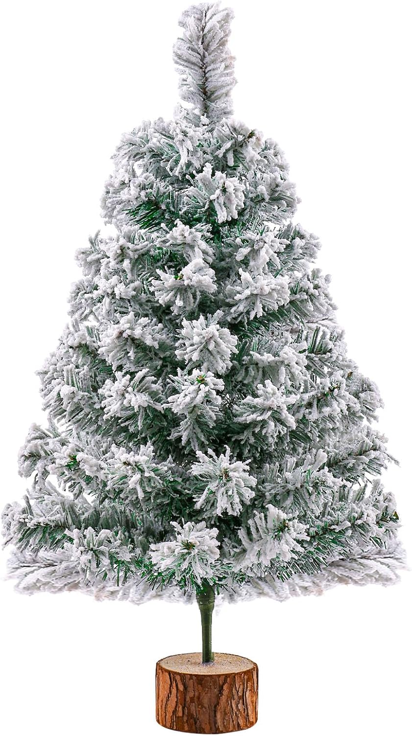 Trees - 2Ft Artificial Christmas Tree Green Tabletop Christmas Tree with Snow Flocked Mini Xmas Pine Tree with Wooden Stand for Indoor Outdoor Holiday Home Decoration