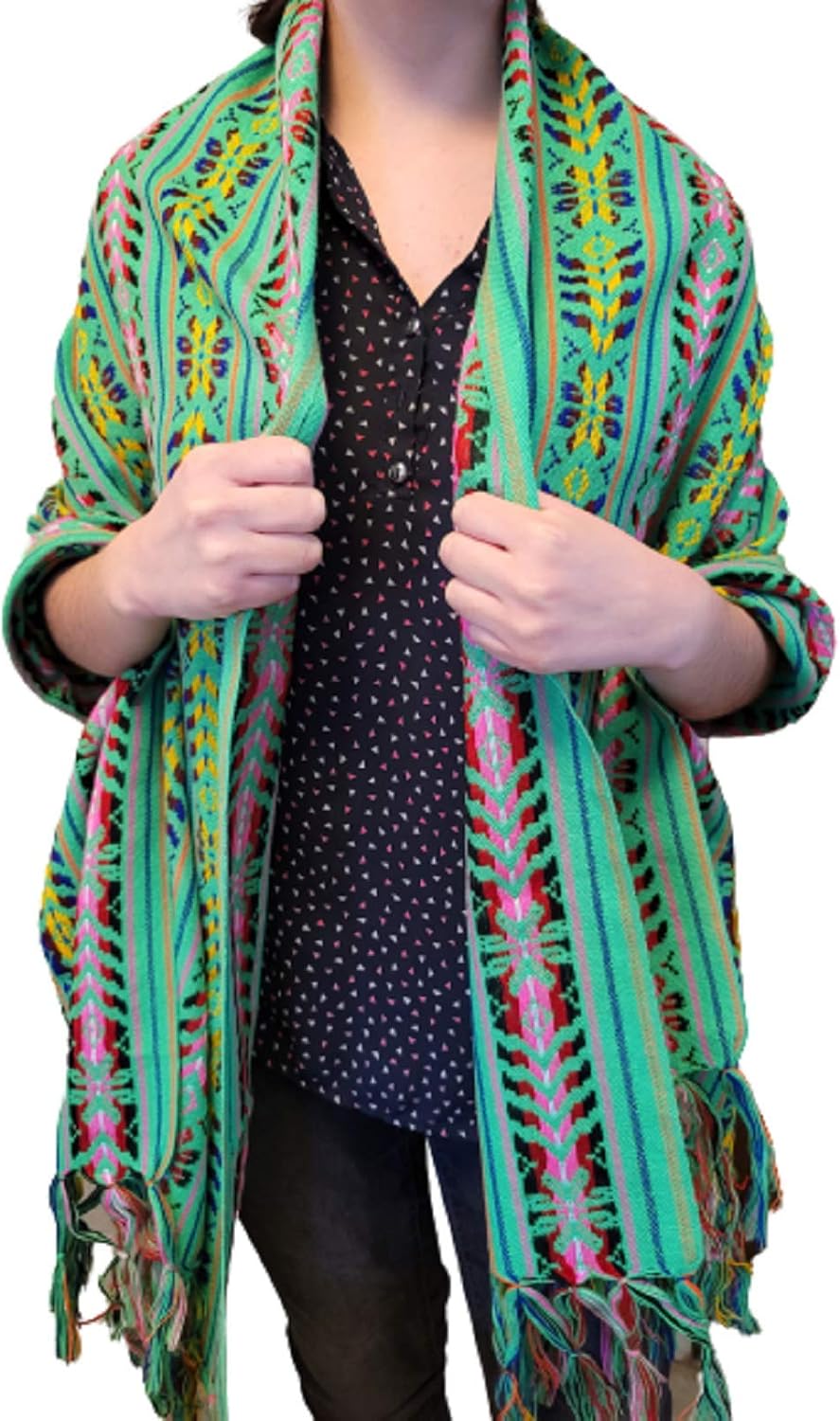 Mexican Handmade Colorful Rebozo Shawl/Small Blanket (dark green