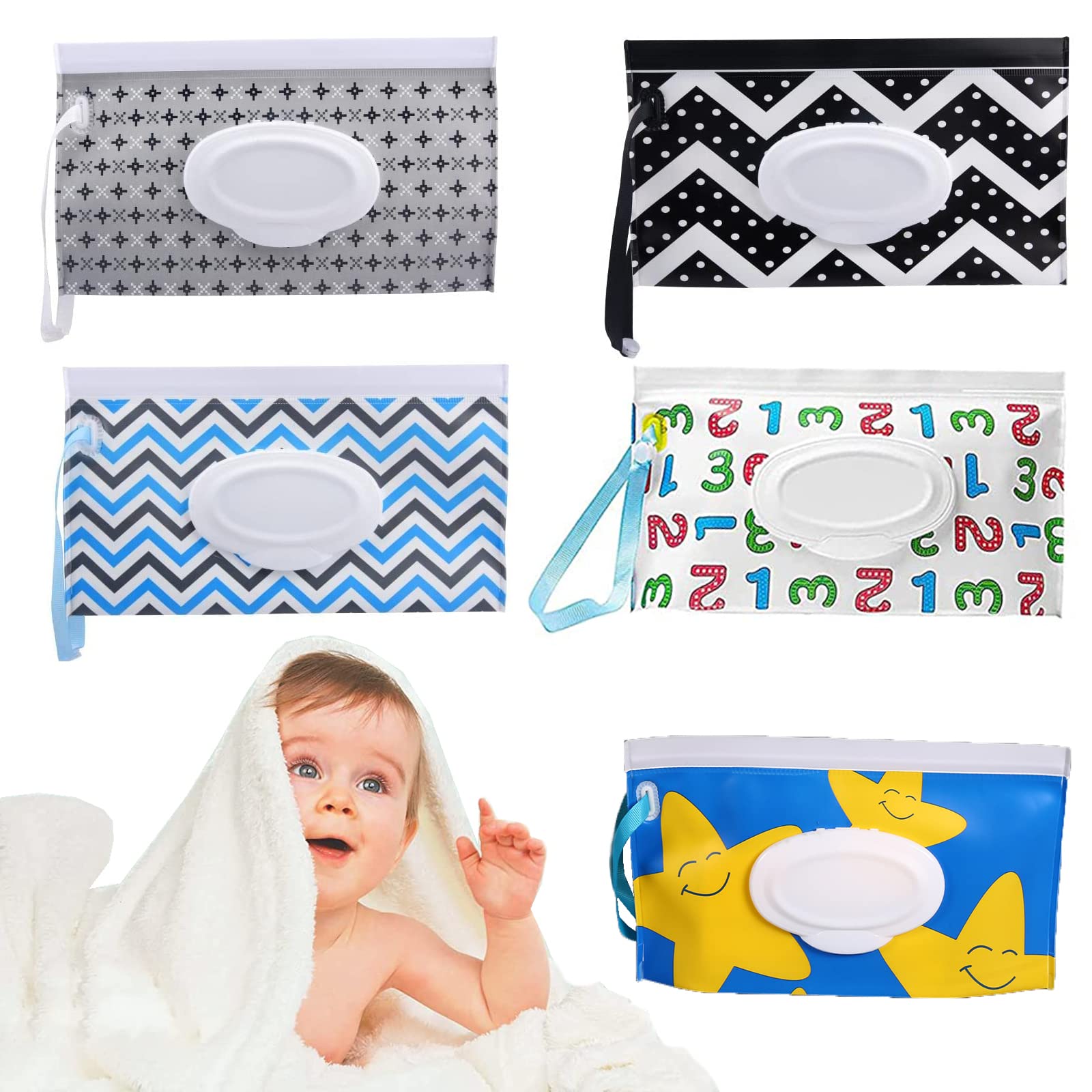 5 PCS Baby Wet Wipes Pouches,Travel Wet Wipes Bags, Portable Baby Wipe Case,Travel Wet Wipe Box Holder with Lid for Home Office Organiser,Wet Wipe Dispenser for Baby and Adult