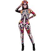 PARTY TELLER Women's Day of the Dead Flower Skeleton Jumpsuit with Headband | Long sleeve graphic printed tight bodysuit, gothic floral halloween costume retro sugar skull festive outfits