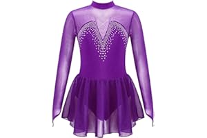 JanJean Kids Girls Figure Ice Skating Dress Long Sleeve Sparkly Rhinestone Mesh Splice Gymnastics Leotard Dress Dancewear