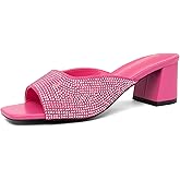 NEWBELLA Women's Crystal Embellished Sandals - Square Toe Slip-on with Chunky Mid Heel, Comfortable Heeled Mule Slides for Daily Wear & Office