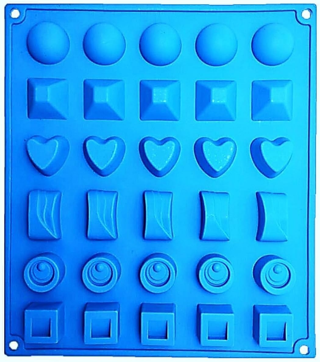 SHERAGO™ Silicone Chocolate Making Molds Tray (High Thickness) Multi Shapes of Cavity - Round, Heart, Layer, Pyramid, Square, Round Dot (Bright Blue Color)