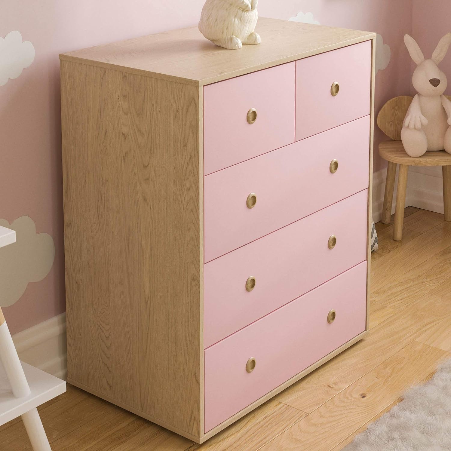 Junior Vida Neptune 5 Drawer Chest of Drawers Cabinet Storage Modern Bedroom Children's Kids Furniture (Pink & Oak) - Image 4