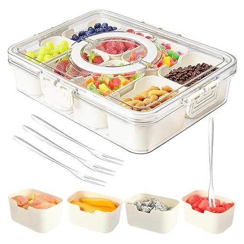Dunruz Snackle Box Container,Portable Snack Box 8 Compartment Divided Serving Tray with Lid and Handle,Clear Storage Organizer for Fruit Candy Nuts Veggie-Perfect for Road Travel Party（1 Pack）