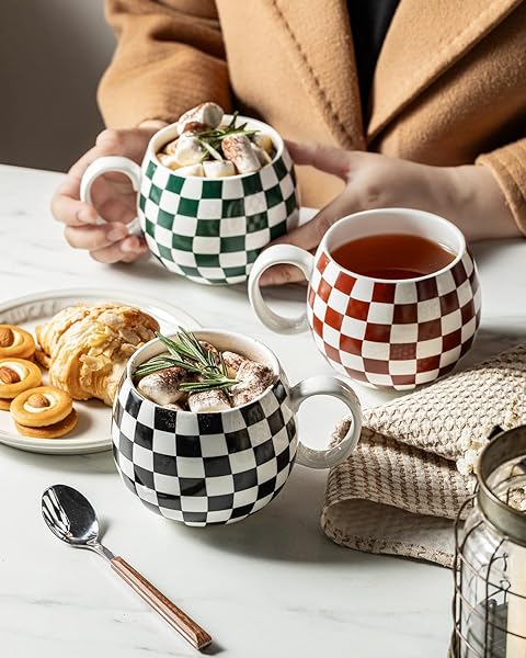LAUCHUH PORCELAIN COFFEE MUGS – 18 OUNCE LARGE MUG SET OF 6 COFFEE CUPS WITH HANDLE FOR MOTHER’S DAY, TEA LATTE CAPPUCCINO MILK COCOA, DISHWASHER & MICROWAVE SAFE, BROWN AND WHITE