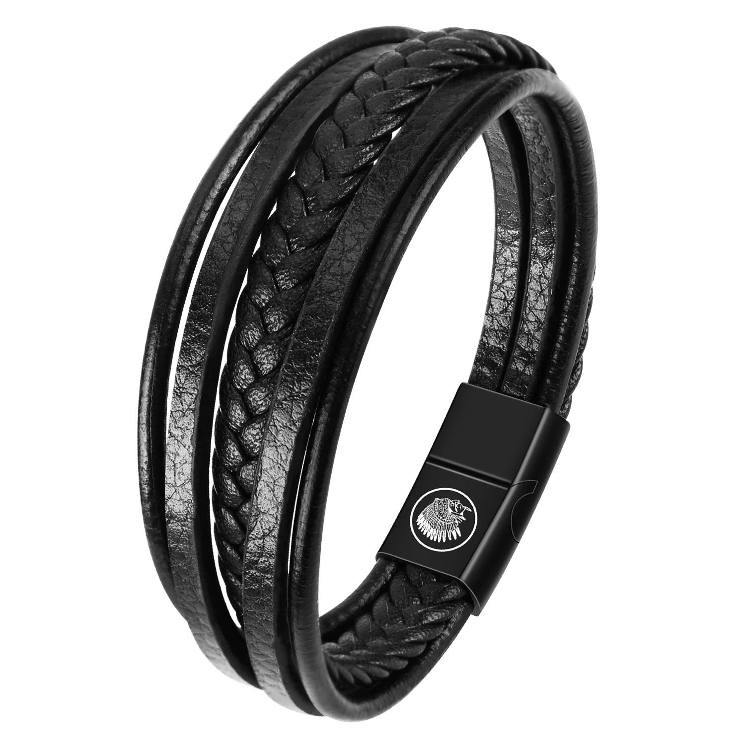 Casisto.J Mens Leather Bracelet – Classic Handmade Braided Black & Brown Cuff Bracelet with Engraved Magnetic Clasp Free Jewelry Gift Boxed
