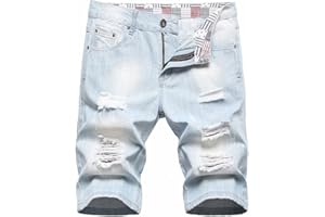 HENGAO Men's Ripped Jean Short Distressed Straight Fit Denim Shorts