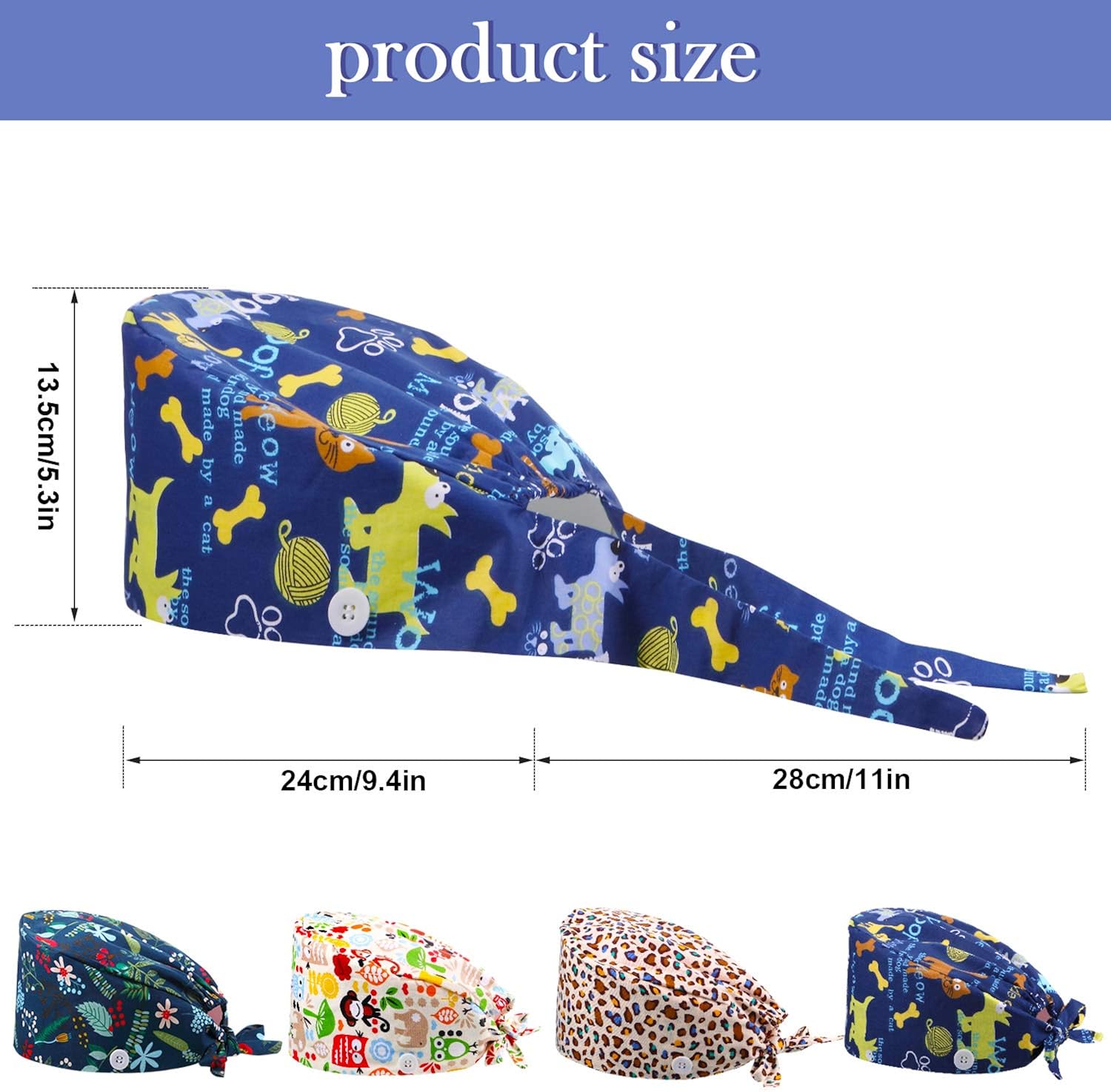 4 Pieces Bouffant Hats Working Cap with Button Sweatband, Adjustable Tie Back Floral Animal Printed Unisex Caps for Women Men: Clothing