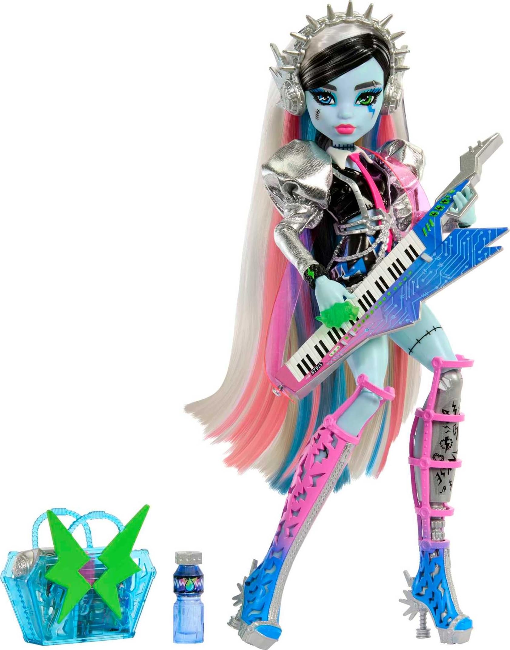Monster High Doll, Amped Up Frankie Stein Rockstar with Instrument & Performance-Themed Accessories Like Headphones
